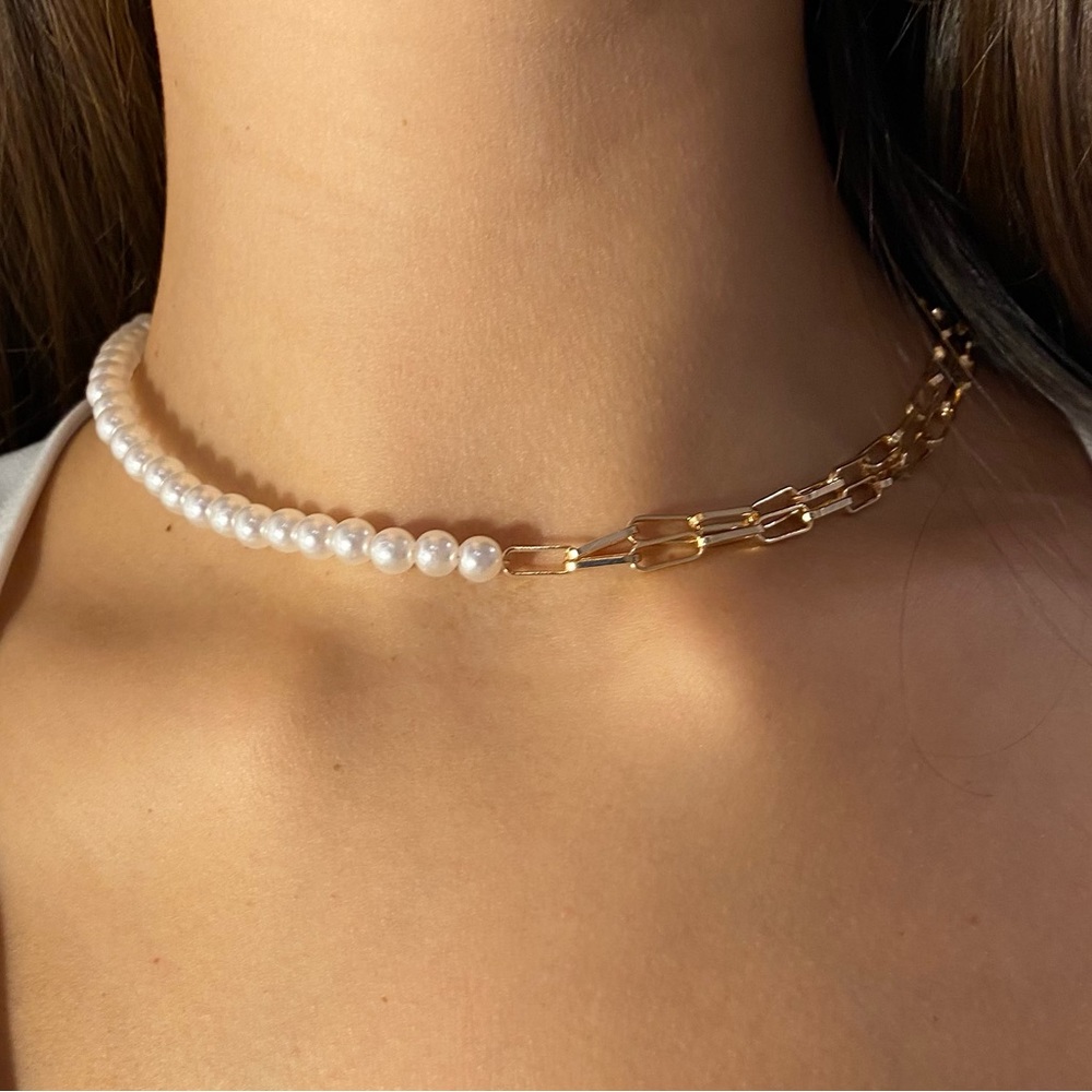 14k Gold Plated Paperclip Chain and Pearl Bead Necklace